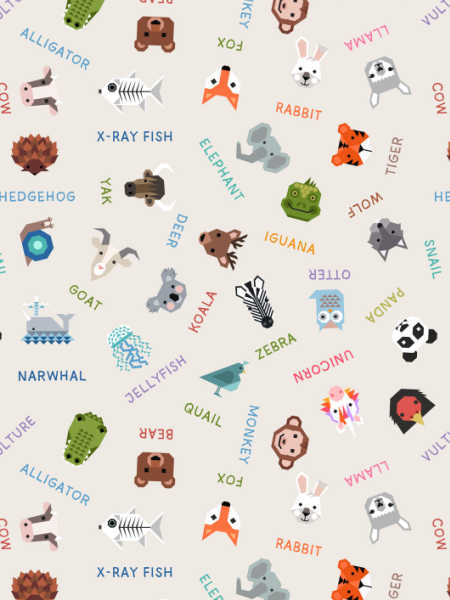 Animal Alphabet cream cotton quilting fabric by Lewis and Irene UK with labelled illustrated animals