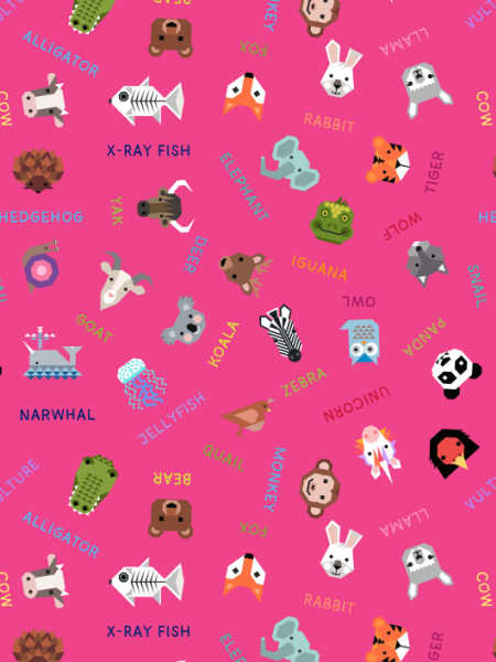 Animal Alphabet pink cotton quilting fabric by Lewis and Irene UK with labelled illustrated animals