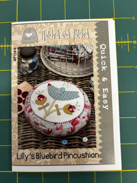 Lilly’s Bluebird Pincushion pattern Hatched and Patched finished pincushion UK