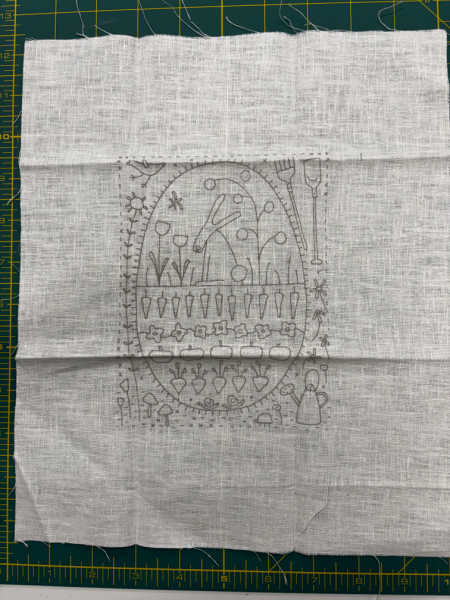 Embroidery transfer for Rabbit in the Veggie Patch showing rabbit and vegetable garden design ready for stitching