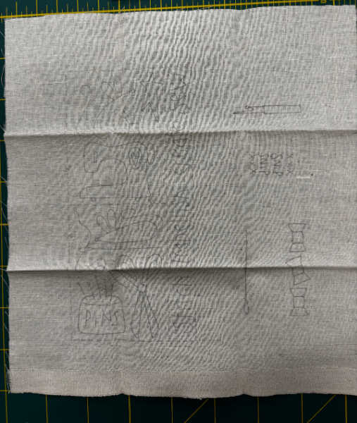 Pre-printed embroidery panel for Sewing Mouse Needlebook pattern showing sewing motifs UK