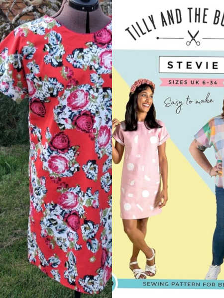 Stevie dress workshop with Helen Clemo showing handmade red floral dress and Tilly and the Buttons Stevie sewing pattern