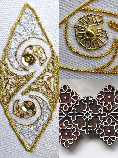Goldwork embroidery detail with metal threads and spangles alongside Celtic wooden block printing stamp, UK workshop
