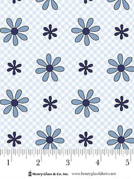 Blue daisy floral fabric on light blue gingham background Henry Glass Friendship Garden UK