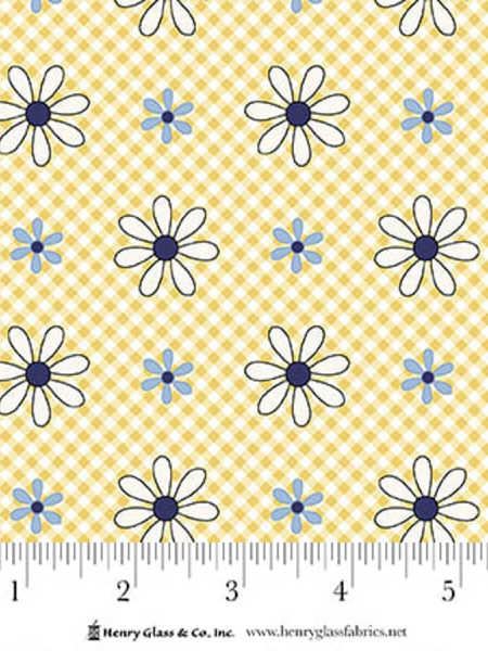 Yellow daisy floral fabric on gingham background Henry Glass Friendship Garden UK