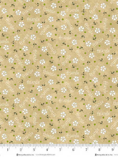 Tan floral fabric with daisies and friends text Gail Pan Henry Glass Friendship Garden UK