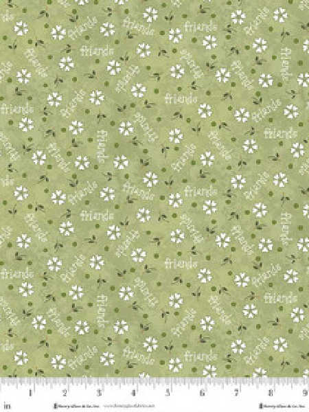 Green floral fabric with daisies and friends text Gail Pan Henry Glass Friendship Garden UK
