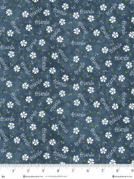 Dark blue floral fabric with daisies and friends text Gail Pan Henry Glass Friendship Garden UK