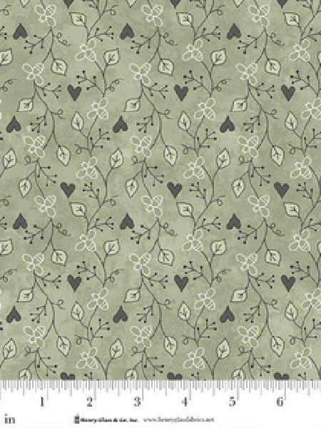 Green floral vine fabric with small hearts Gail Pan Henry Glass Friendship Garden UK