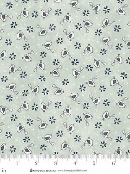 Light blue fabric with small birds and floral motifs Gail Pan Henry Glass Friendship Garden UK