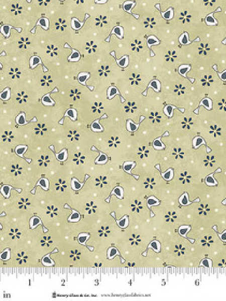 Green fabric with small birds and floral motifs Gail Pan Henry Glass Friendship Garden UK