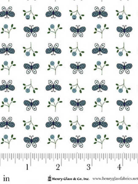 White fabric with small blue butterflies and floral sprigs Gail Pan Henry Glass Friendship Garden UK