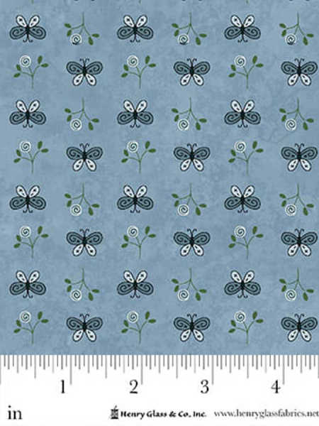 Blue fabric with small butterflies and delicate sprigs Gail Pan Friendship Garden Henry Glass UK