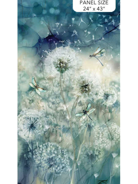 Northcott Whisper fabric panel with dandelions and dragonflies in teal and cream watercolour design 24x43 inches UK