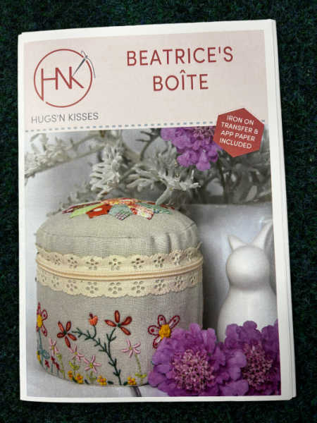 Beatrice’s Boîte stitchery box pattern by Hugs ’n Kisses with iron-on transfer and appliqué paper included, available from Patchwork Dreamer UK