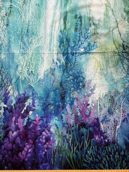 Coral Reef by Northcott UK quilting fabric with continuous seaweed coral design in aqua blue and purple