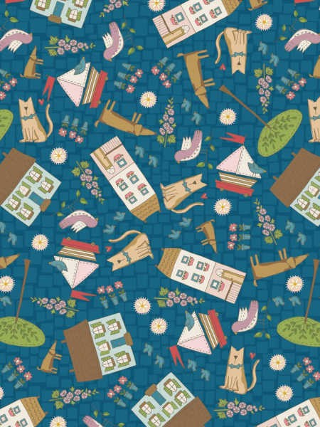 Out & About teal dogs quilting fabric by Natalie Bird for The Birdhouse UK, with dogs, books, birds, houses, flowers and trees.