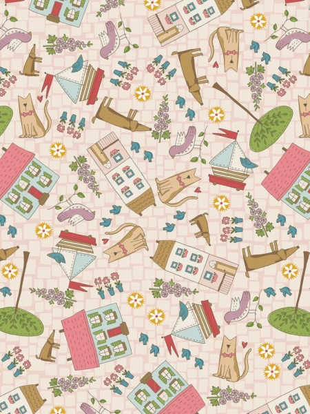 Out & About pink dogs quilting fabric by Natalie Bird for The Birdhouse UK, with dogs, books, birds, houses, flowers and trees.