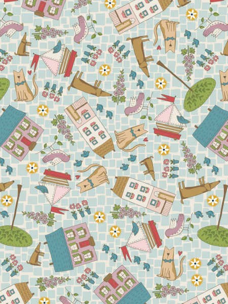 Out & About blue dogs quilting fabric by Natalie Bird for The Birdhouse UK, with dogs, books, birds, houses, flowers and trees.