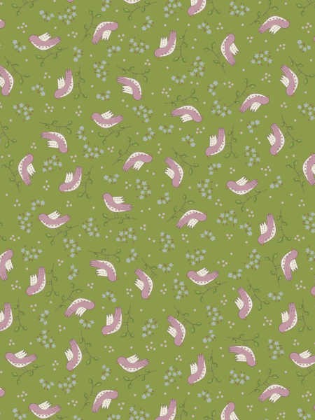 Out & About green birds quilting fabric by Natalie Bird for The Birdhouse UK, with pink birds and delicate floral sprigs.