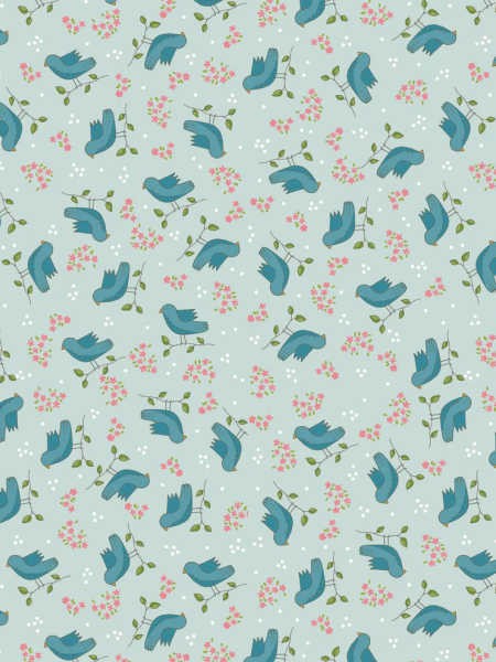 Out & About blue birds quilting fabric by Natalie Bird for The Birdhouse UK, with blue birds, pink flowers and trailing green stems.