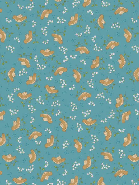 Out & About teal birds quilting fabric by Natalie Bird for The Birdhouse UK, with tan birds, white flowers and trailing green stems.