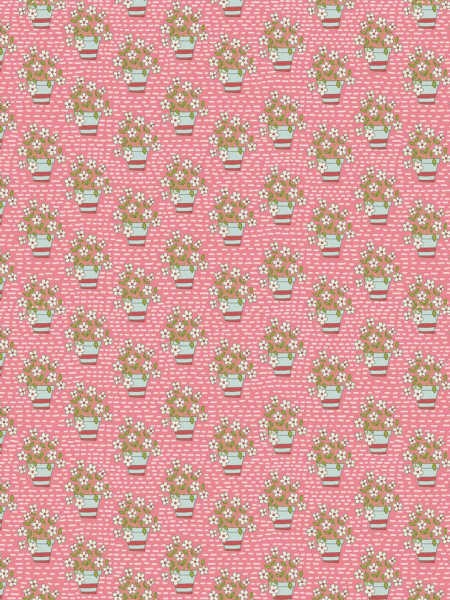 Out & About pink flower pots quilting fabric by Natalie Bird for The Birdhouse UK, with potted white flowers on a pink background.