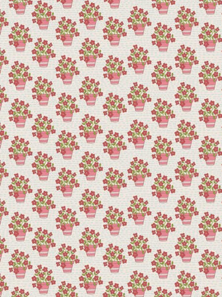 Out & About cream flower pots quilting fabric by Natalie Bird for The Birdhouse UK, with pink pots, rosy flowers and green leaves.