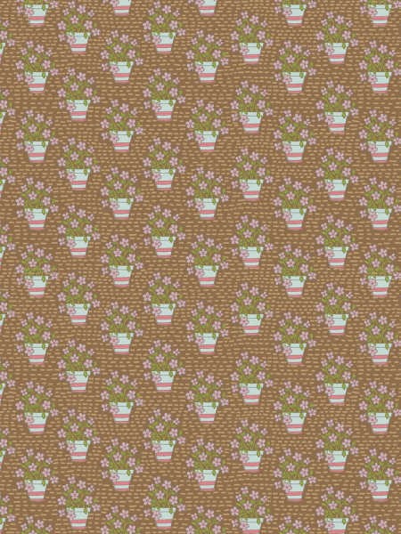 Out & About brown flower pots quilting fabric by Natalie Bird for The Birdhouse UK, with pink flowers, green leaves and pale pots.