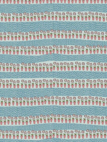 Out & About blue garden rows quilting fabric by Natalie Bird for The Birdhouse UK, with striped rows of small flower pots.