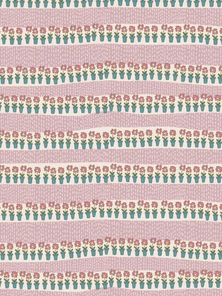 Out & About blush garden rows quilting fabric by Natalie Bird for The Birdhouse UK, with striped rows of small flower pots.
