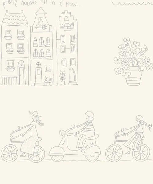 Out & About Stitchery linen cotton panel by Natalie Bird for The Birdhouse UK, with houses, flowers, bicycles and scooter line drawings for embroidery.