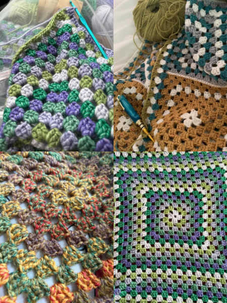Beginner granny squares crochet class at Patchwork Dreamer with colourful crochet samples and yarn supplied.