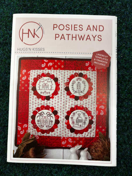 Posies and Pathways redwork pattern by Hugs ’n Kisses with appliqué and EPP templates, available from Patchwork Dreamer UK