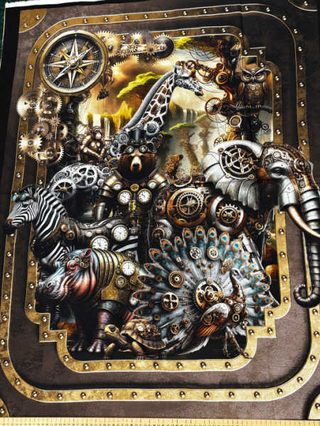 Steampunk Menagerie panel by Jason Yenter for In The Beginning Fabrics UK showing clockwork elephant and animal details, 110cm x 90cm quilting panel