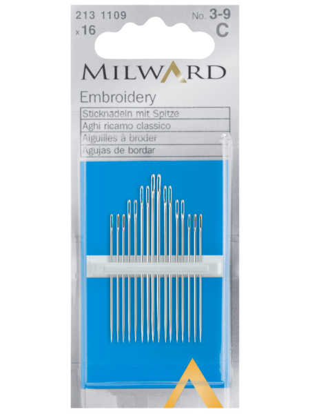 Milward embroidery crewel needles size 3-9 pack of 16 for hand embroidery and needlework