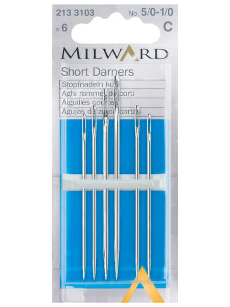 Milward Short Darners hand sewing needles Nos 5/0 to 1/0 pack of 6