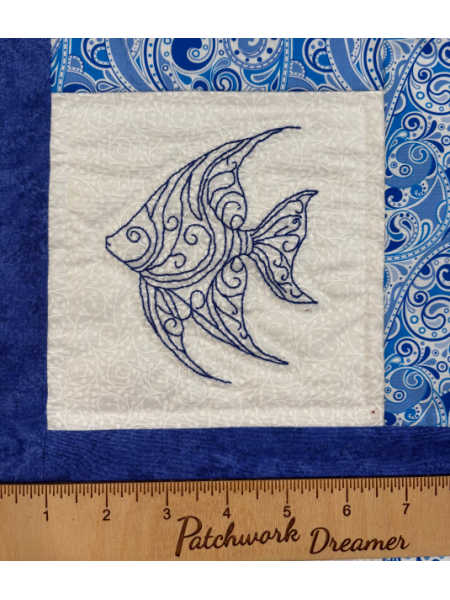 Bluework angelfish embroidery block from the Summer by the Shore collection