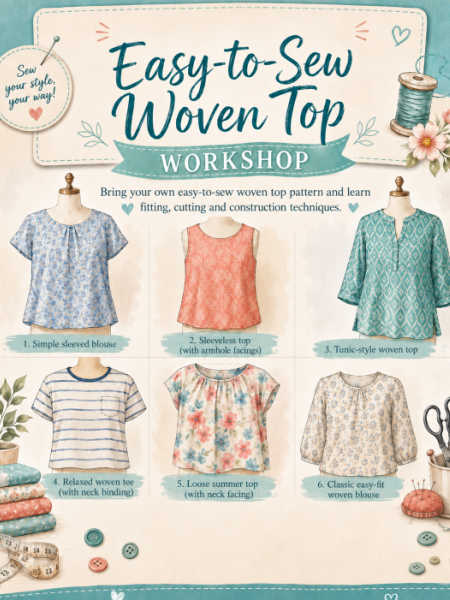 Illustrated Easy-to-Sew Woven Top Workshop graphic showing six beginner-friendly blouse, tunic and sleeveless top styles.