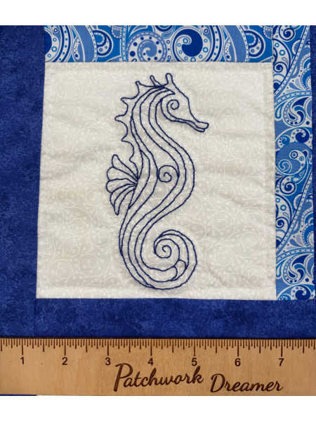 Bluework seahorse embroidery block from the Summer by the Shore collection