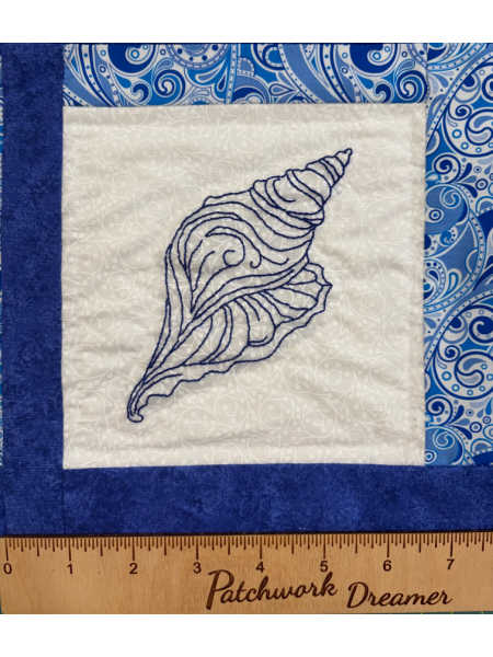 Bluework seashell embroidery block from the Summer by the Shore collection