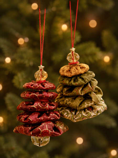 Suffolk Puff Jingle Tree Christmas decorations made from layered fabric puffs with beads, stars and hanging cords
