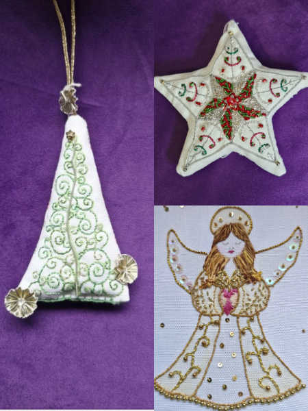 Christmas goldwork embroidery designs featuring a tree, star and angel.