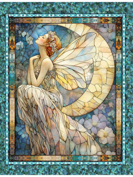 Quilting Treasures fairy fabric panel in blue and teal with cream wings, a crescent moon and floral stained-glass-style details.