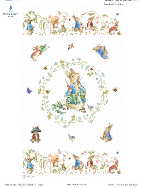 Peter Rabbit Hilltop Garden fabric panel UK featuring Beatrix Potter characters, floral wreath, butterflies and decorative garden borders for quilting.