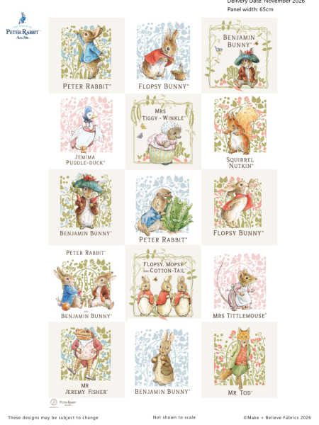 Peter Rabbit Hilltop Garden fabric panel UK featuring 15 Beatrix Potter character blocks including Peter Rabbit, Benjamin Bunny and Jemima Puddle-Duck.
