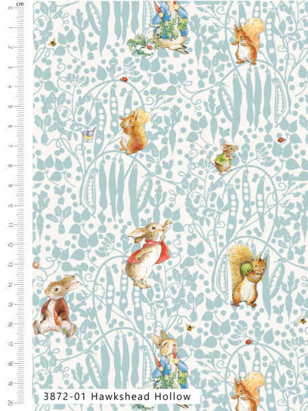Peter Rabbit Hawkshead Hollow blue quilting fabric UK, featuring Beatrix Potter rabbits, squirrels and woodland foliage on a white background.