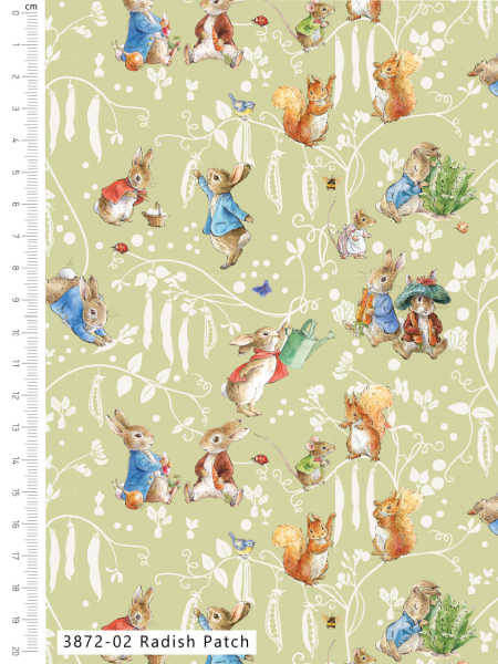 Peter Rabbit Radish Patch green quilting fabric UK by Make Believe Fabrics, featuring Beatrix Potter rabbits, squirrels and delicate white garden flowers.