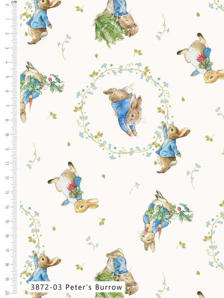 Peter Rabbit Peter's Burrow cream quilting fabric UK by Make Believe Fabrics, featuring Beatrix Potter rabbits, floral wreaths and delicate blue flowers.