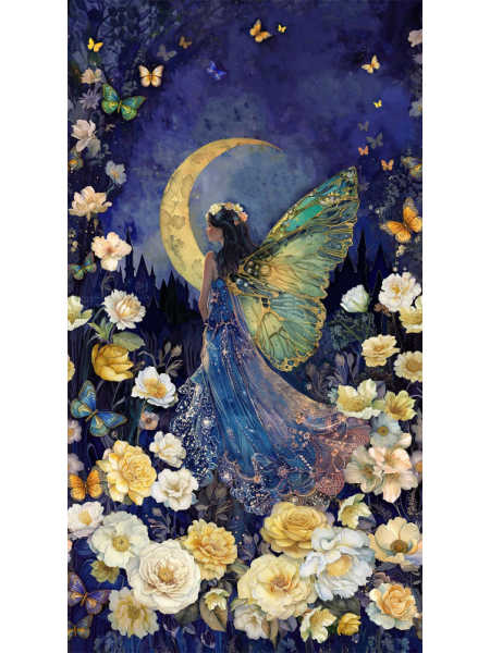 Lumiere fairy fabric panel by Timeless Treasures with blue dress, green wings, golden crescent moon, butterflies and cream flowers.